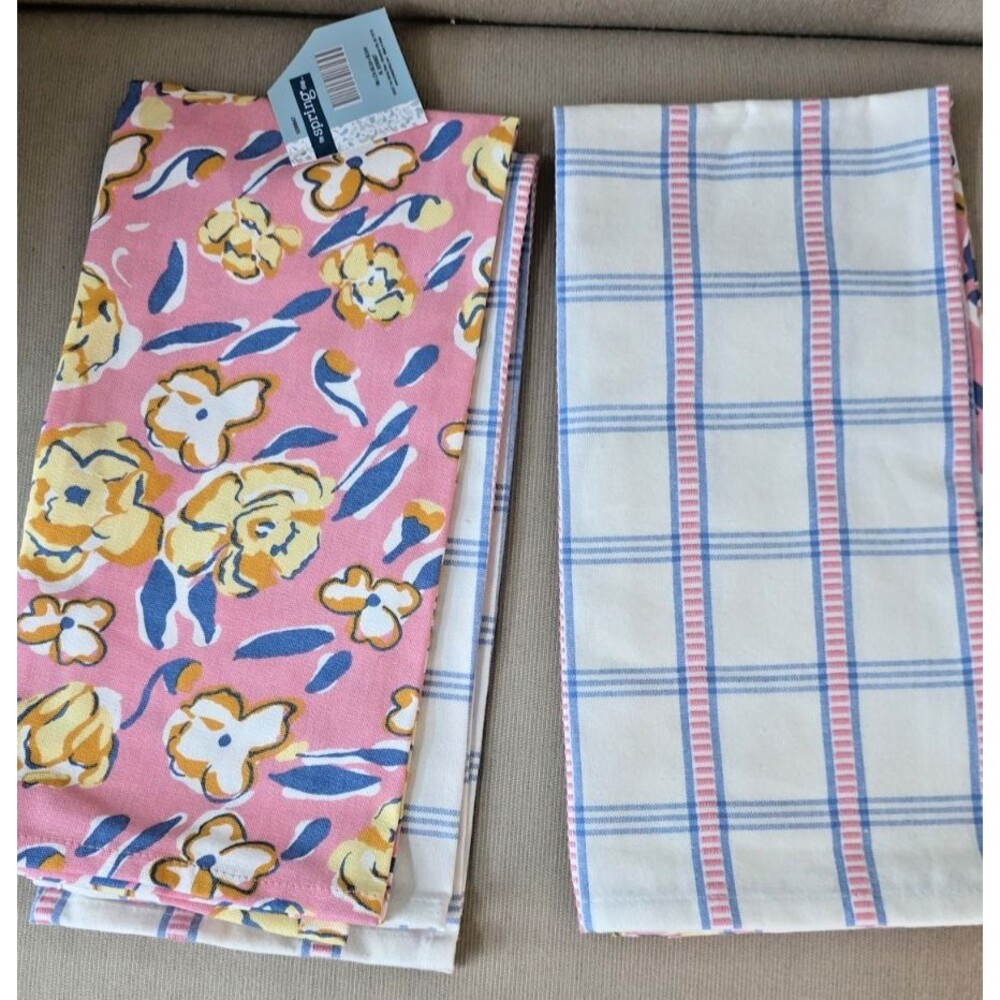 Set 2 Kitchen 100% Cotton Tea Towels Set White, Purple Pink NEW 19 x 27"